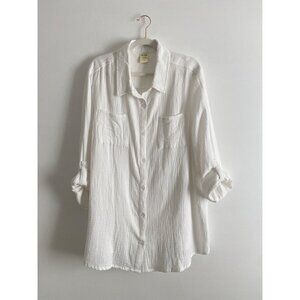 Blair Womens White Long Sleeve Button-Up Shirt XL 100% Cotton Roll-Tab Sleeves